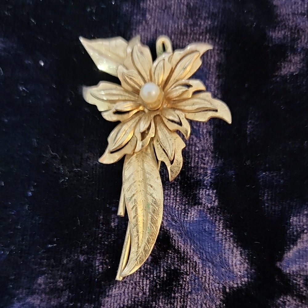 Gold Floral Brooch with Pearl Accent